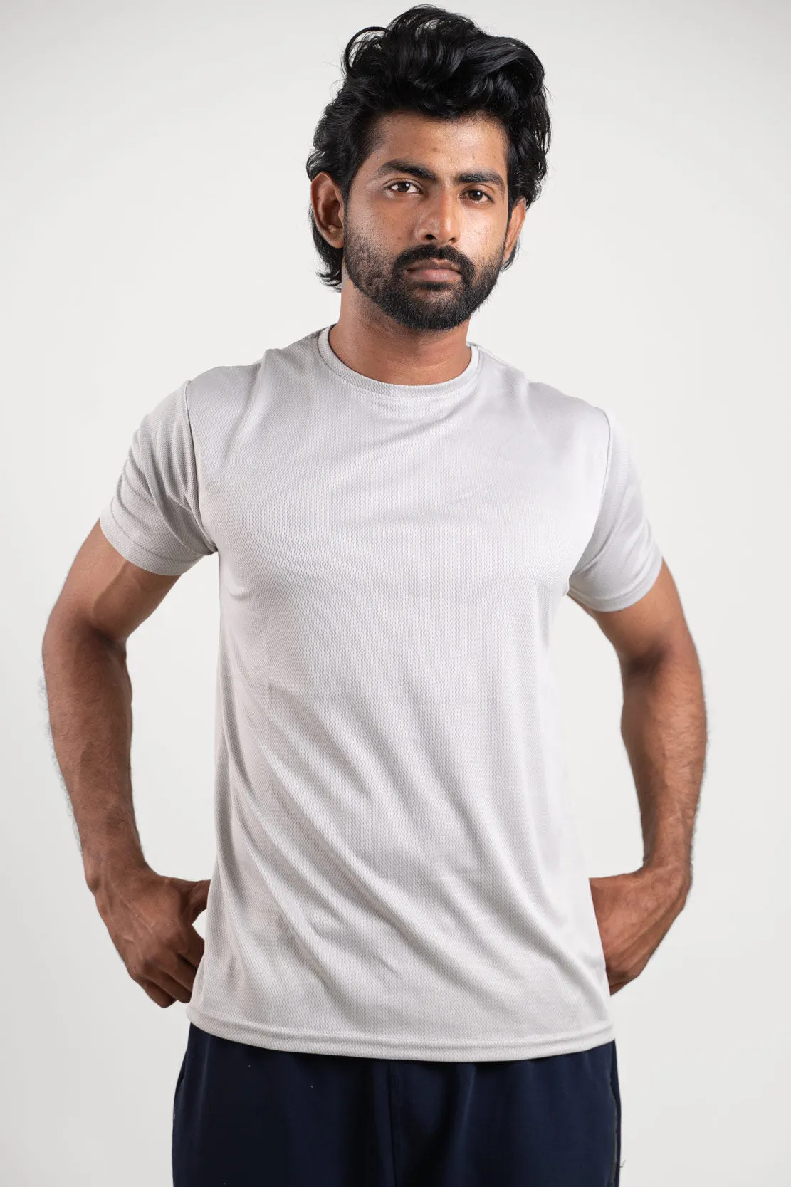 Active Light Gray Crew Neck Tshirt  For Men