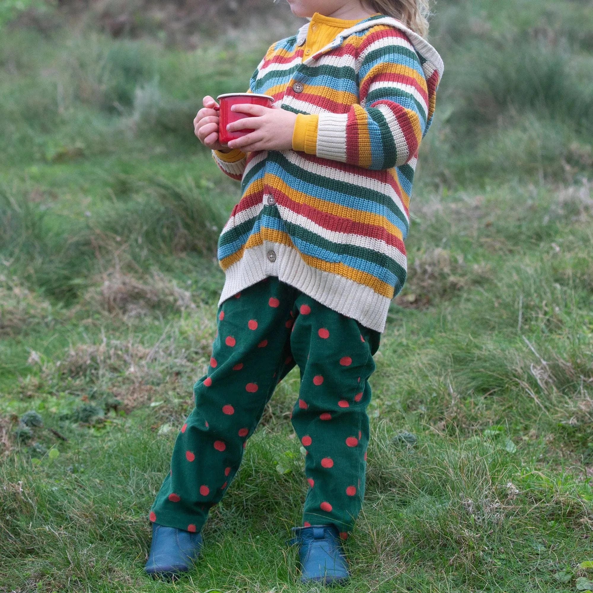 Baby and Toddler Corduroy Pull On Trousers | Green with Apple Print