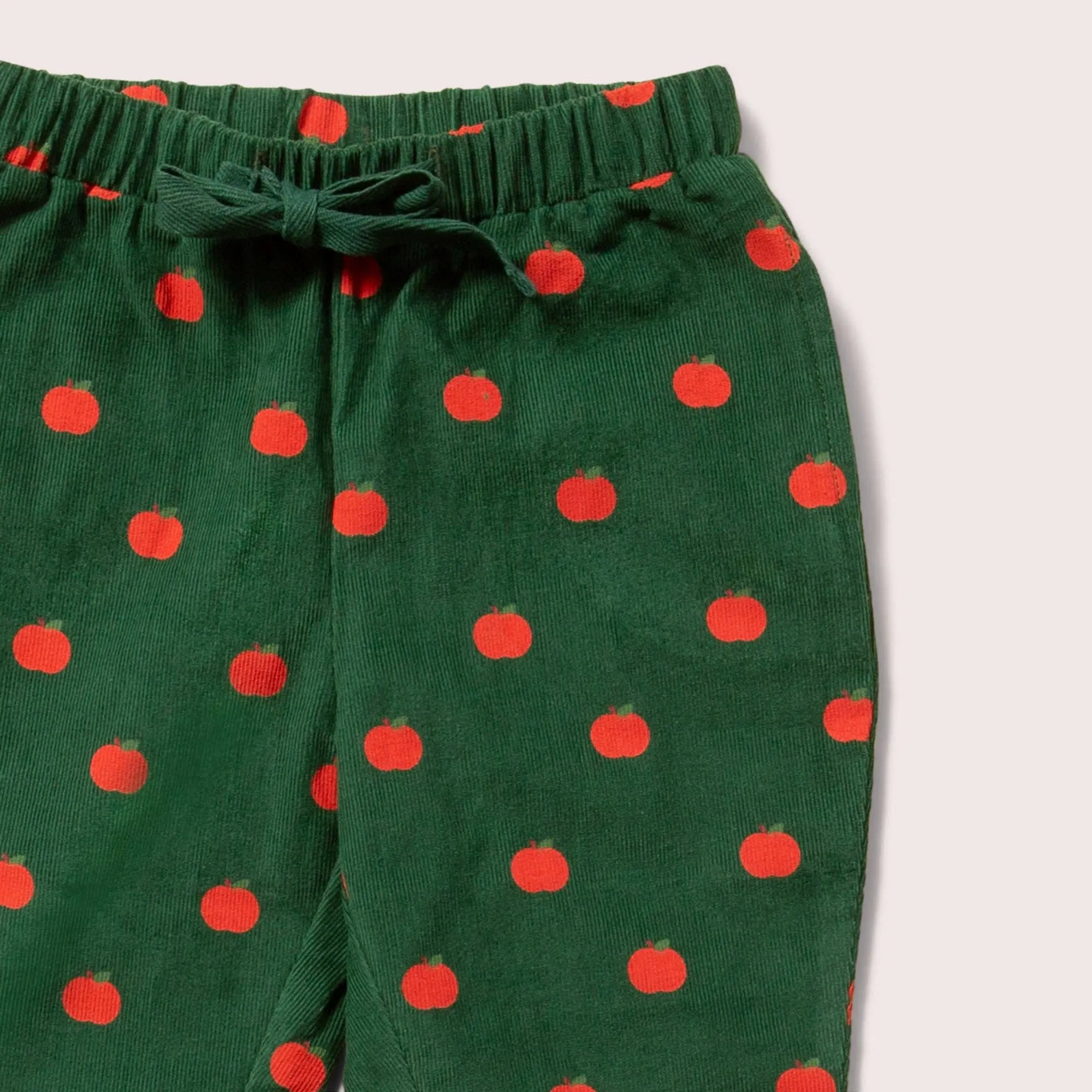 Baby and Toddler Corduroy Pull On Trousers | Green with Apple Print