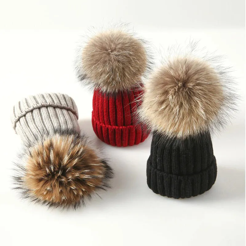 Cozy Fur Knit Pom Pom Outdoor Winter Beanie Hats