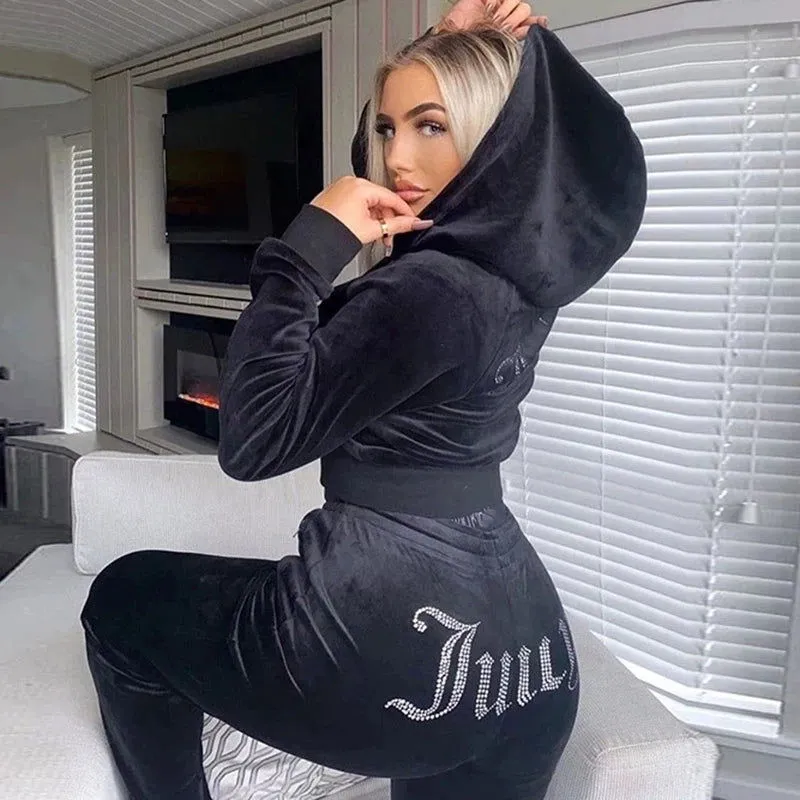 Diamond Juicy Print Velvet Crop Hoodie and Pants Tracksuits