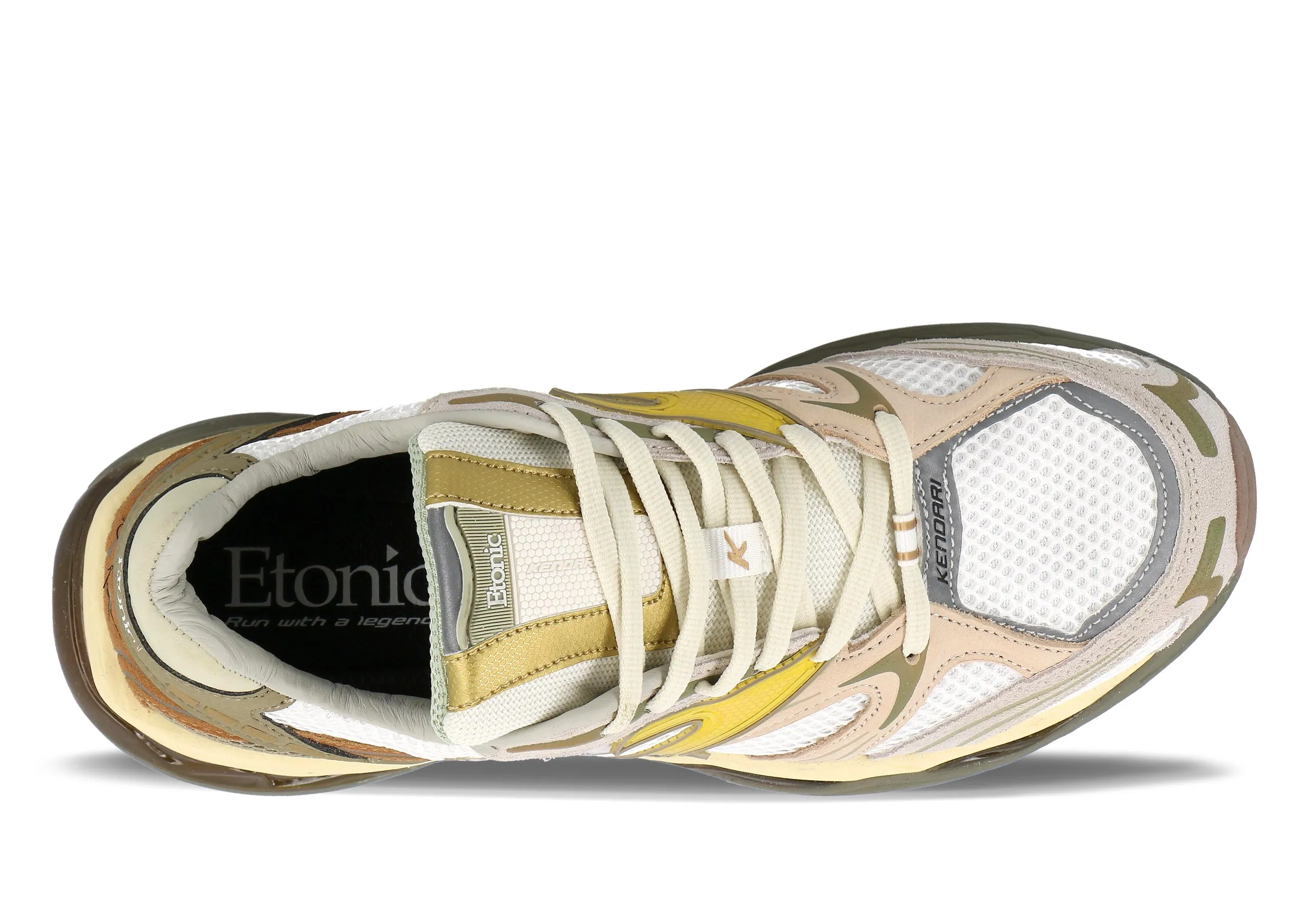 Etonic Kendari 3.0 sneakers in white mesh, beige and brown leather inserts with green and yellow details.