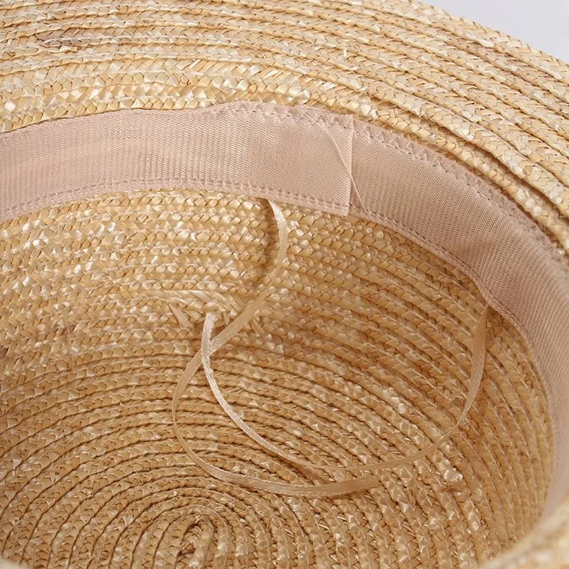 Flat Straw Hat With White Ribbon