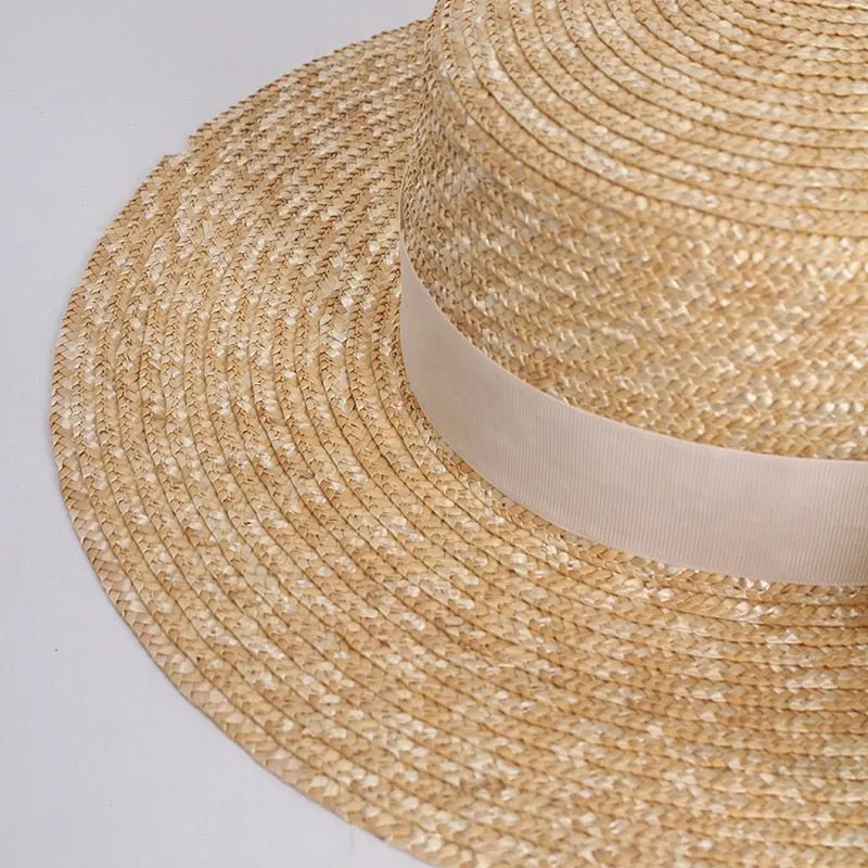 Flat Straw Hat With White Ribbon