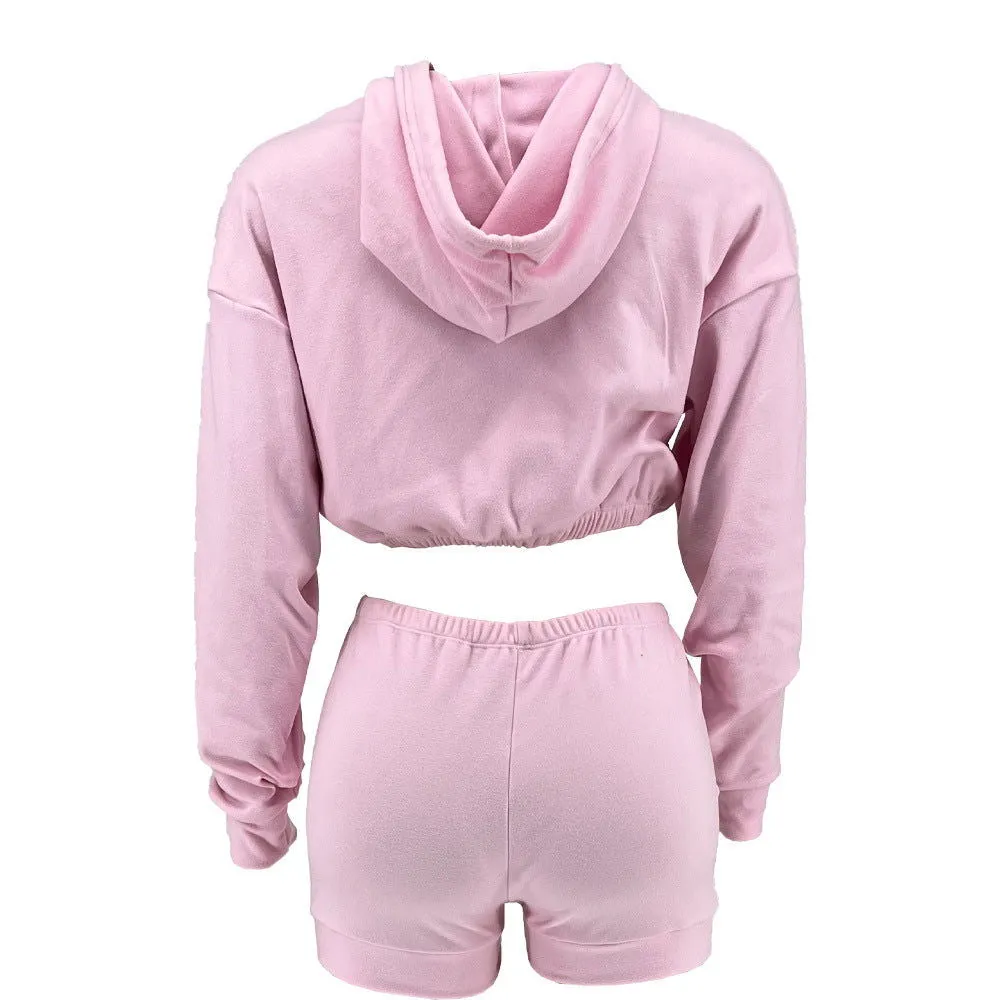 Hooded Crop Top and Mini Shorts Activewear Sets