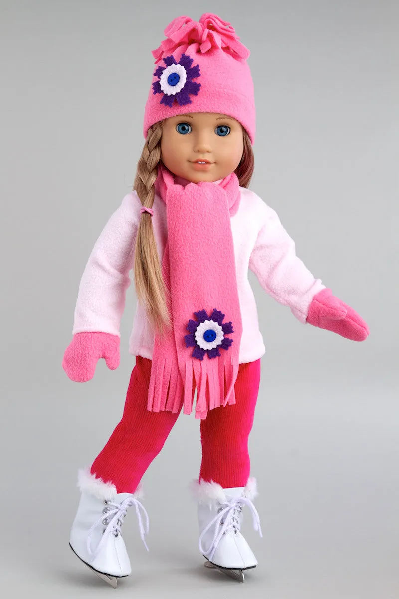 Ice Skating Fun - Clothes for 18 inch Doll - 6 Piece Gift Set - Pink Fleece Blouse with Stretchy Leggings, Hat, Scarf, Mittens and White Ice Skates