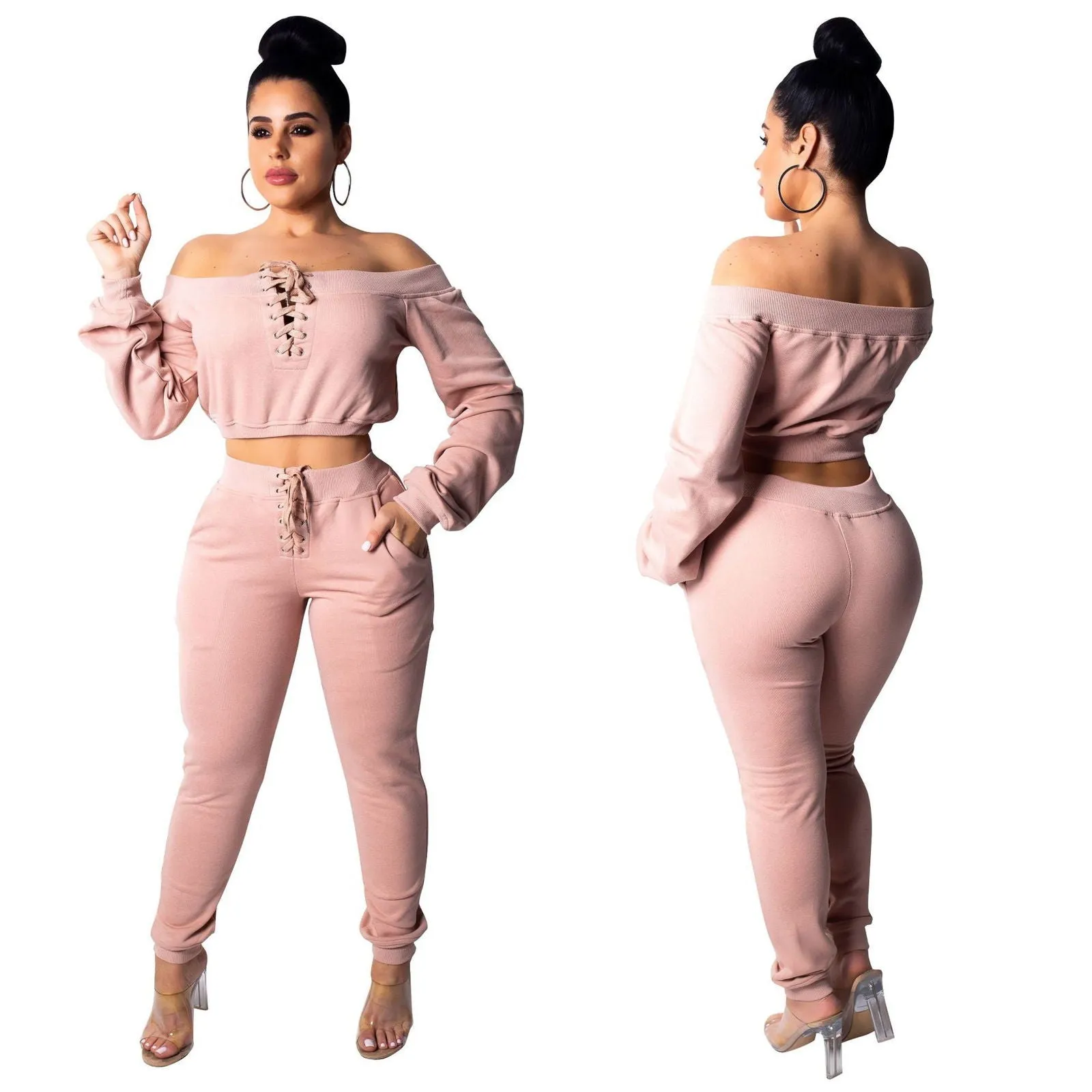 Long Sleeve Off Shoulder Tie String Crop Top and Pants