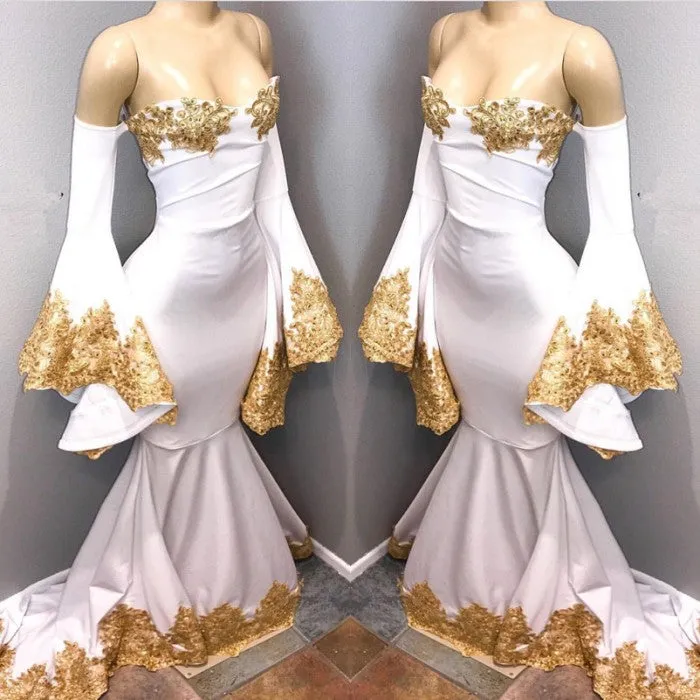 Long Sleeves Prom Party Gowns with gold appliques, mermaid evening dress