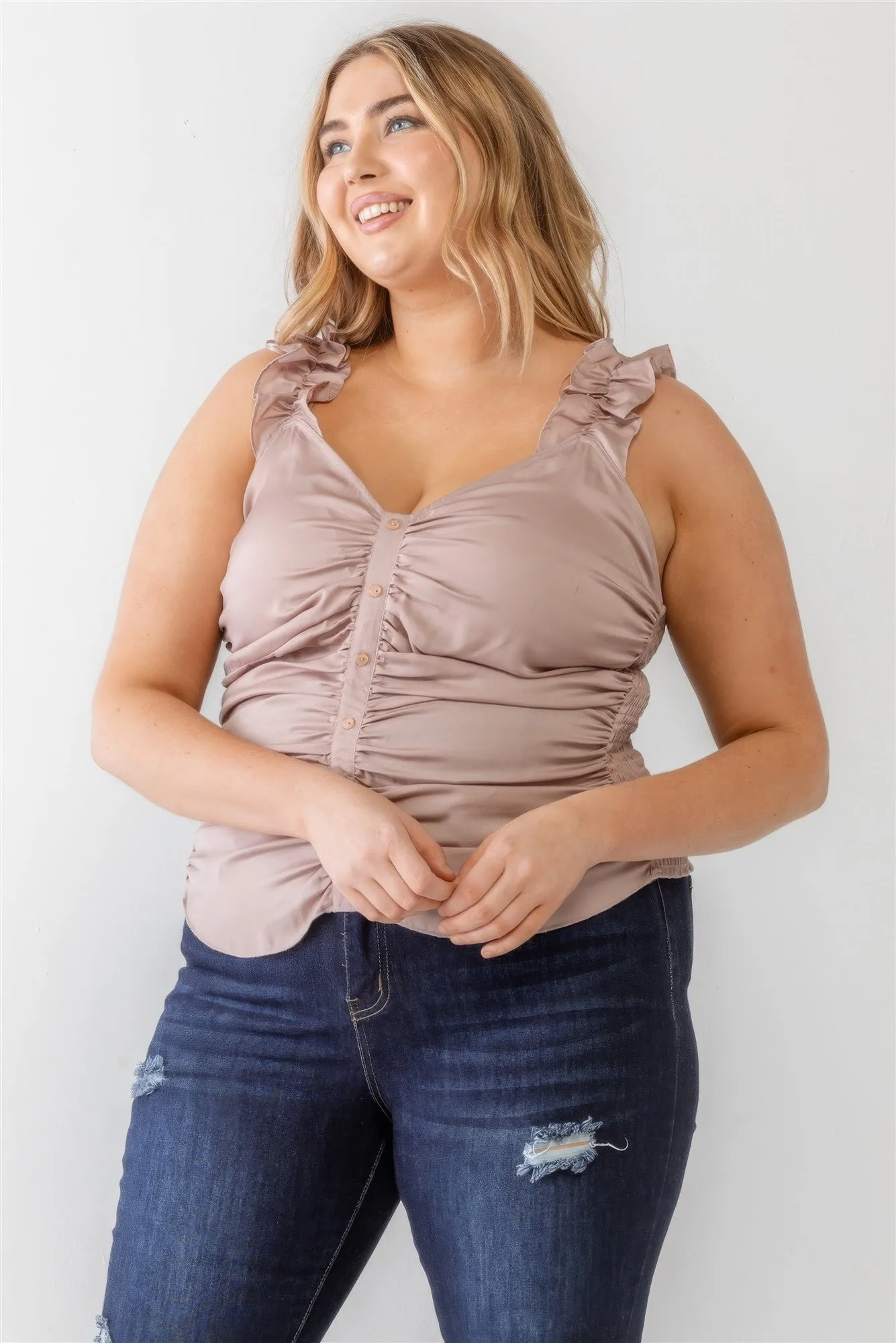 Plus Size Button Up Ruffle Strap Top