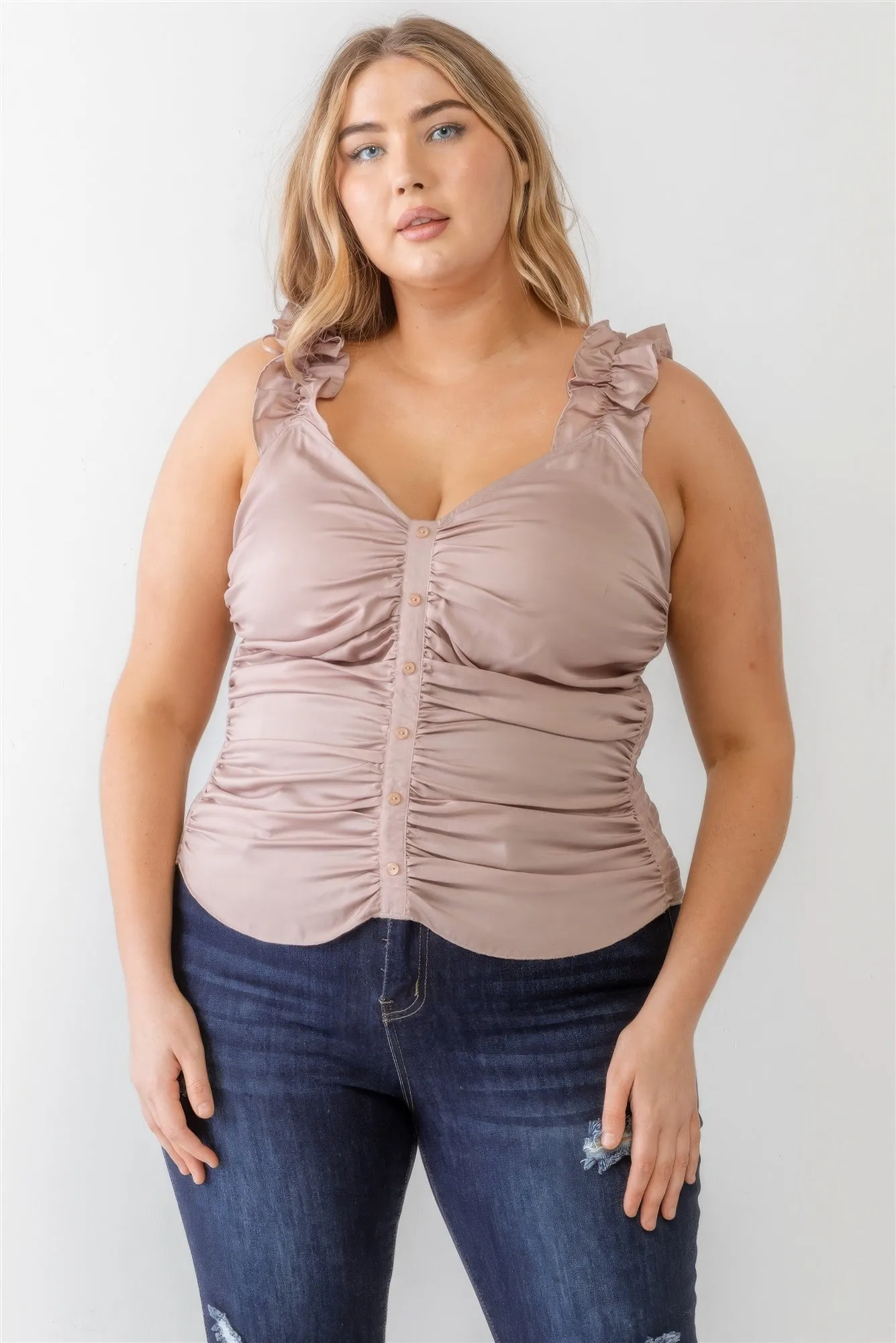 Plus Size Button Up Ruffle Strap Top