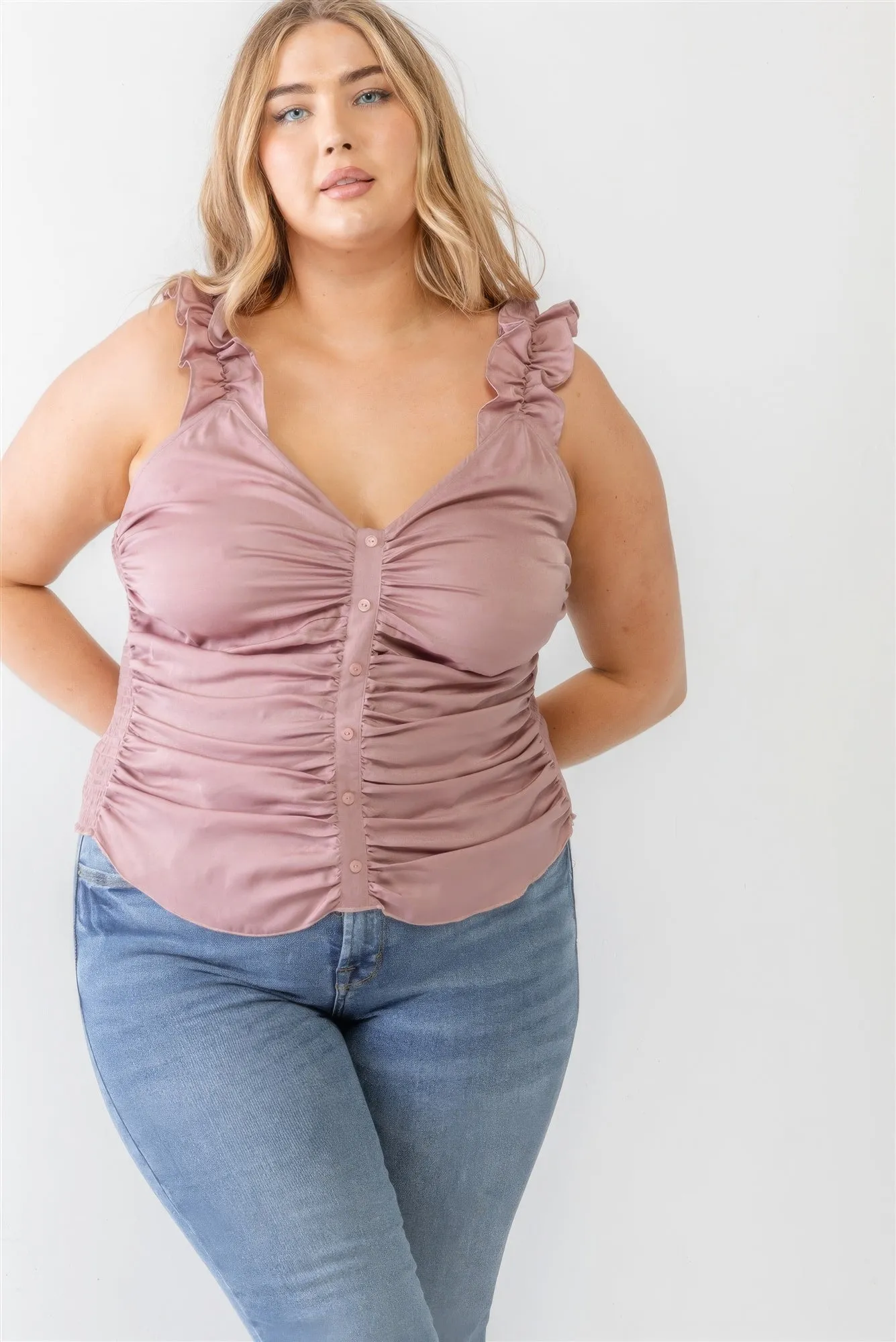 Plus Size Button Up Ruffle Strap Top