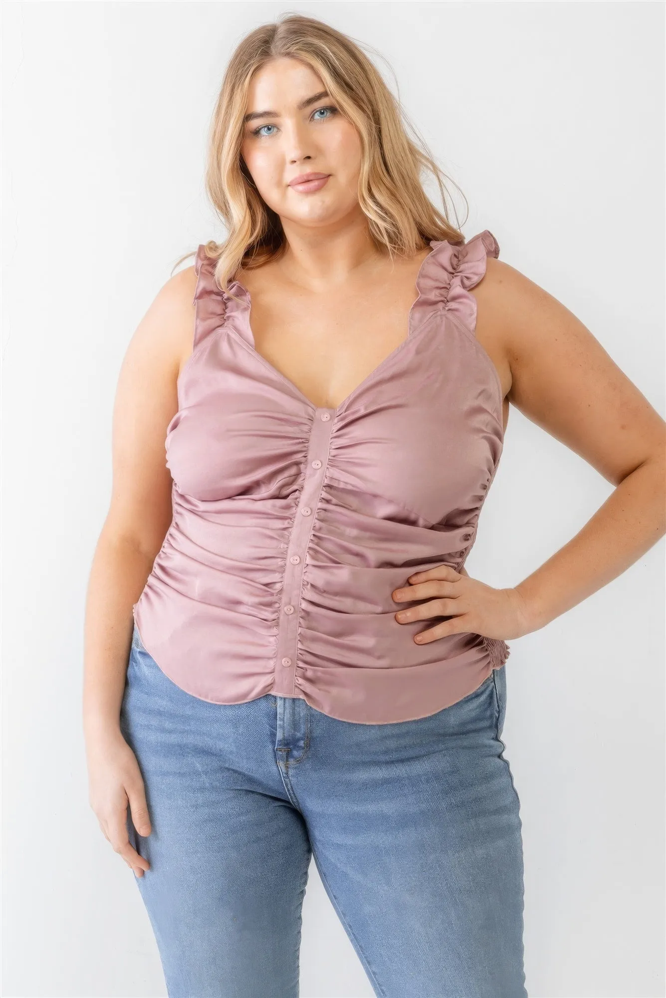 Plus Size Button Up Ruffle Strap Top