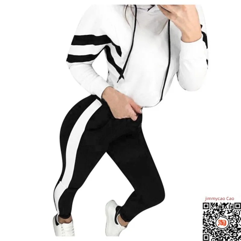 Snug-fit Striped Crop Hoodie and Snug-fit Pants Tracksuits