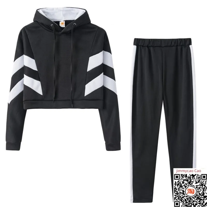 Snug-fit Striped Crop Hoodie and Snug-fit Pants Tracksuits