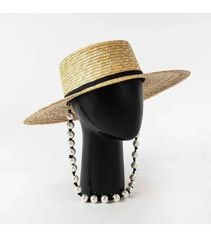 Straw Hat with Pearl Chain