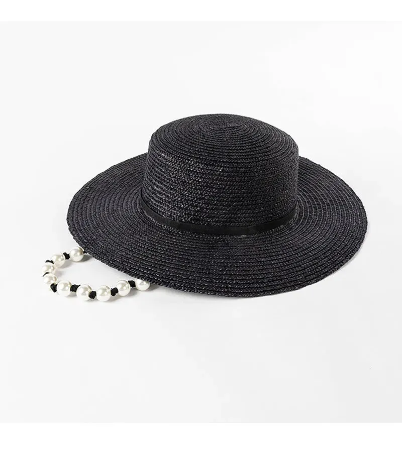 Straw Hat with Pearl Chain