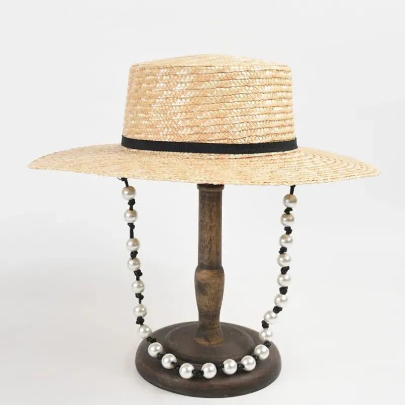 Straw Hat with Pearl Chain