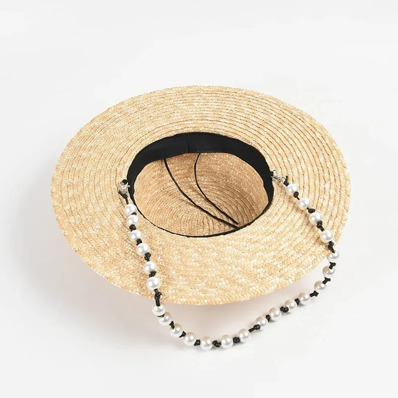 Straw Hat with Pearl Chain