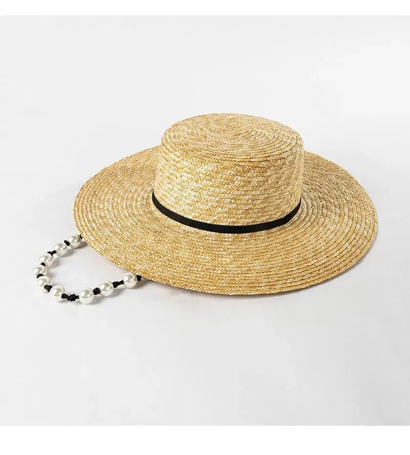 Straw Hat with Pearl Chain