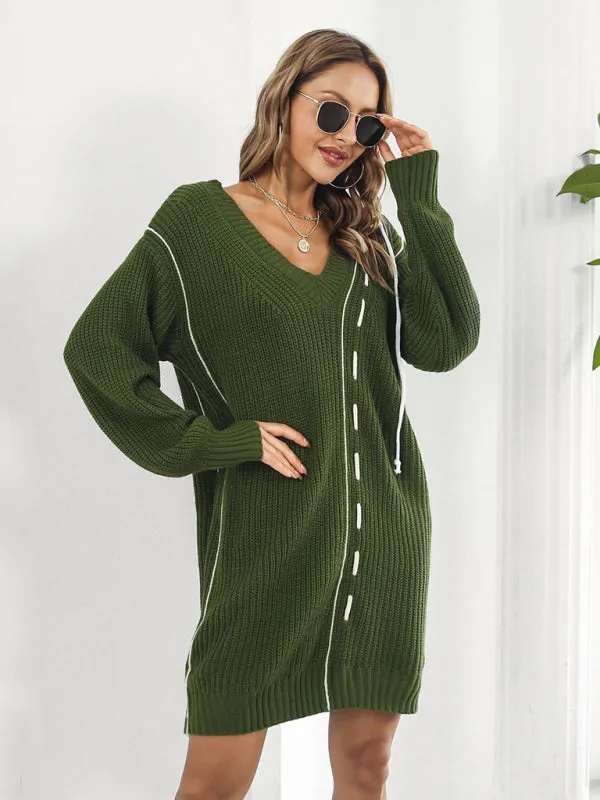 Toleet-Winter outfits Women's Dropped Sleeves Drawstring V-Neck Sweater Dress