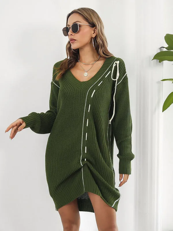 Toleet-Winter outfits Women's Dropped Sleeves Drawstring V-Neck Sweater Dress