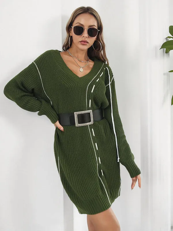 Toleet-Winter outfits Women's Dropped Sleeves Drawstring V-Neck Sweater Dress