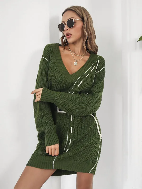 Toleet-Winter outfits Women's Dropped Sleeves Drawstring V-Neck Sweater Dress