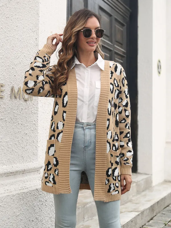 Toleet-Winter outfits Women's leopard jacquard cardigan pocket long knitted sweater