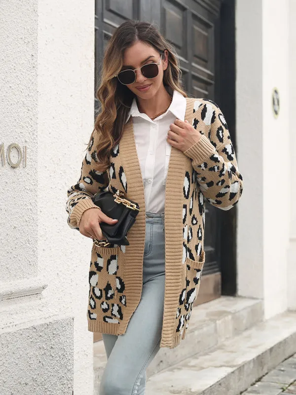 Toleet-Winter outfits Women's leopard jacquard cardigan pocket long knitted sweater