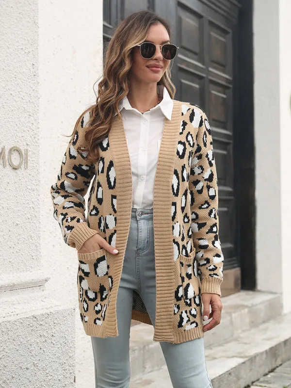 Toleet-Winter outfits Women's leopard jacquard cardigan pocket long knitted sweater