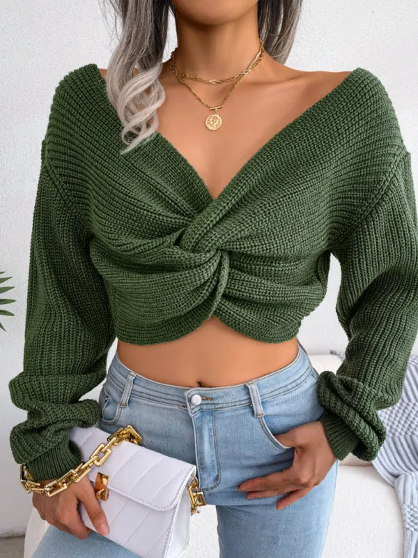 Toleet-Winter outfits Women's long sleeve knotted open navel knitted sweater