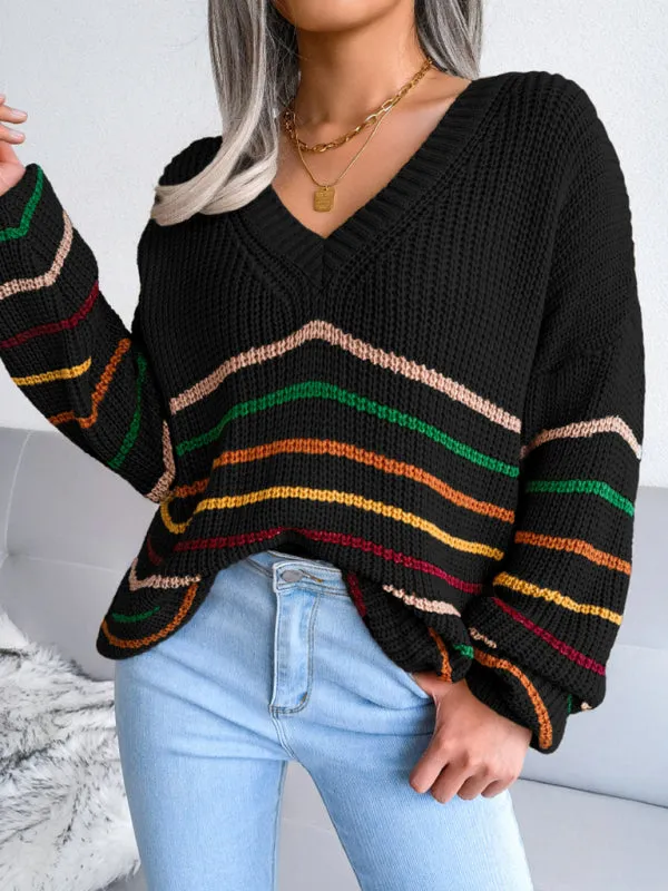 Toleet-Winter outfits Women's Rainbow Stripe casual loose sweater