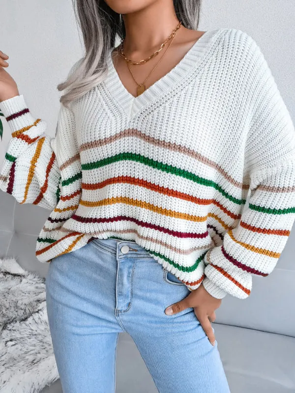 Toleet-Winter outfits Women's Rainbow Stripe casual loose sweater