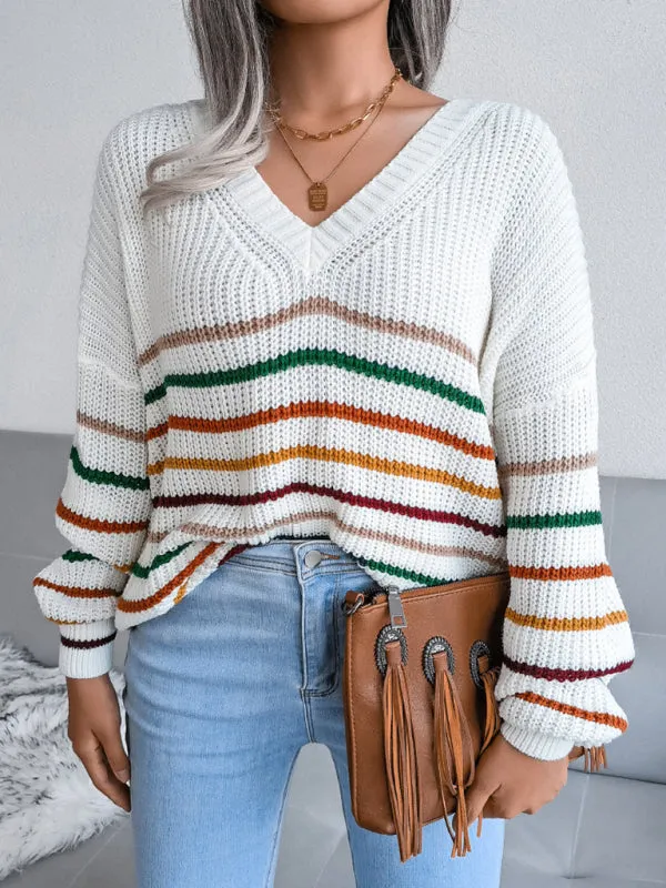 Toleet-Winter outfits Women's Rainbow Stripe casual loose sweater