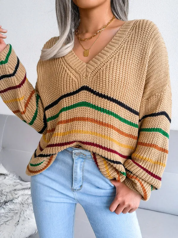 Toleet-Winter outfits Women's Rainbow Stripe casual loose sweater