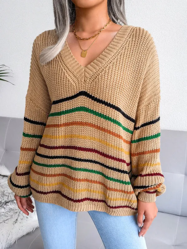 Toleet-Winter outfits Women's Rainbow Stripe casual loose sweater