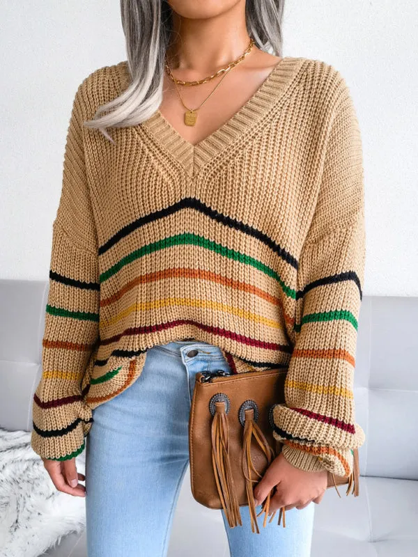 Toleet-Winter outfits Women's Rainbow Stripe casual loose sweater