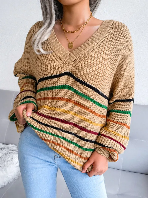 Toleet-Winter outfits Women's Rainbow Stripe casual loose sweater