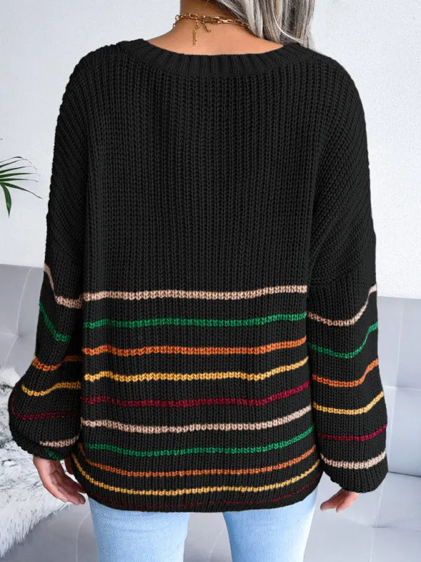 Toleet-Winter outfits Women's Rainbow Stripe casual loose sweater