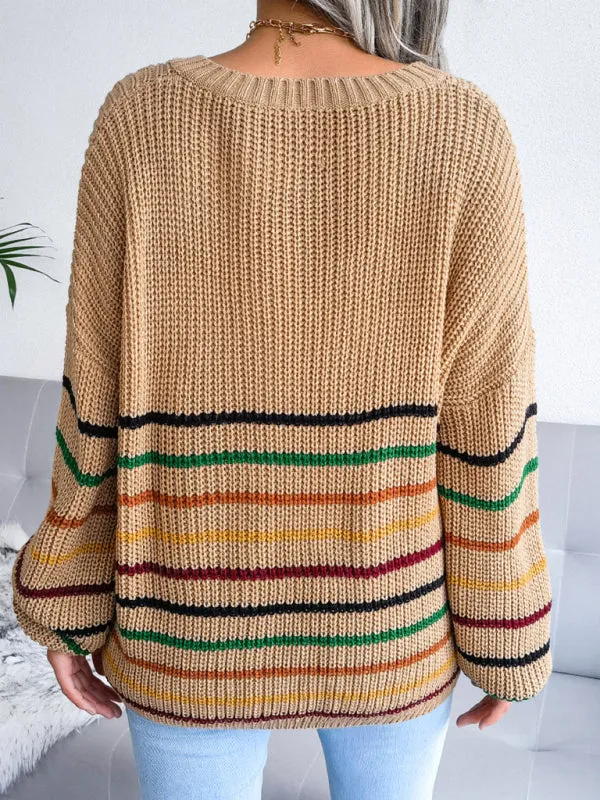 Toleet-Winter outfits Women's Rainbow Stripe casual loose sweater