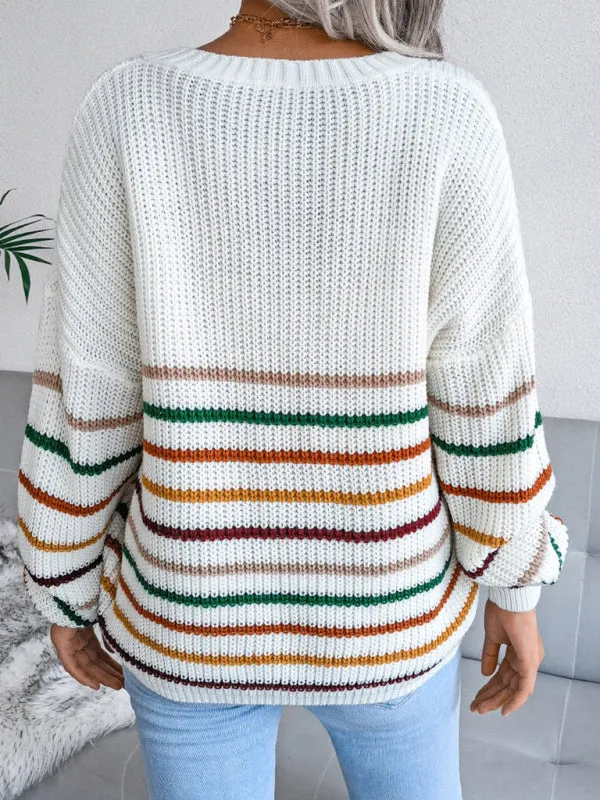 Toleet-Winter outfits Women's Rainbow Stripe casual loose sweater