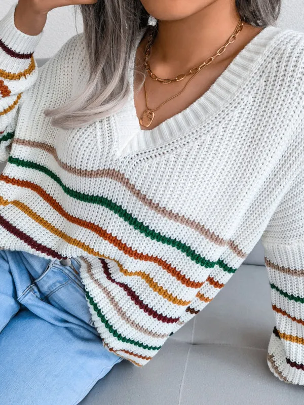 Toleet-Winter outfits Women's Rainbow Stripe casual loose sweater