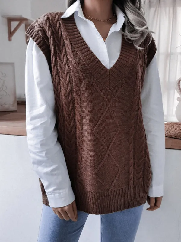 Toleet-Winter outfits Women's V-neck fried dough twist casual loose knit vest sweater