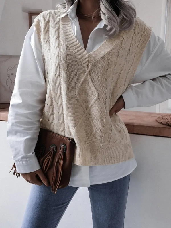 Toleet-Winter outfits Women's V-neck fried dough twist casual loose knit vest sweater