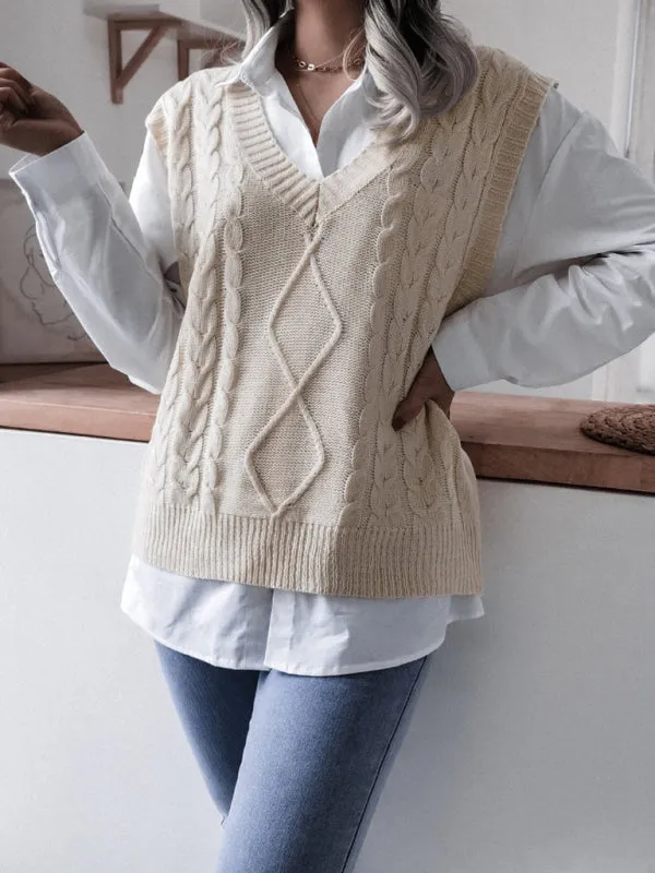 Toleet-Winter outfits Women's V-neck fried dough twist casual loose knit vest sweater