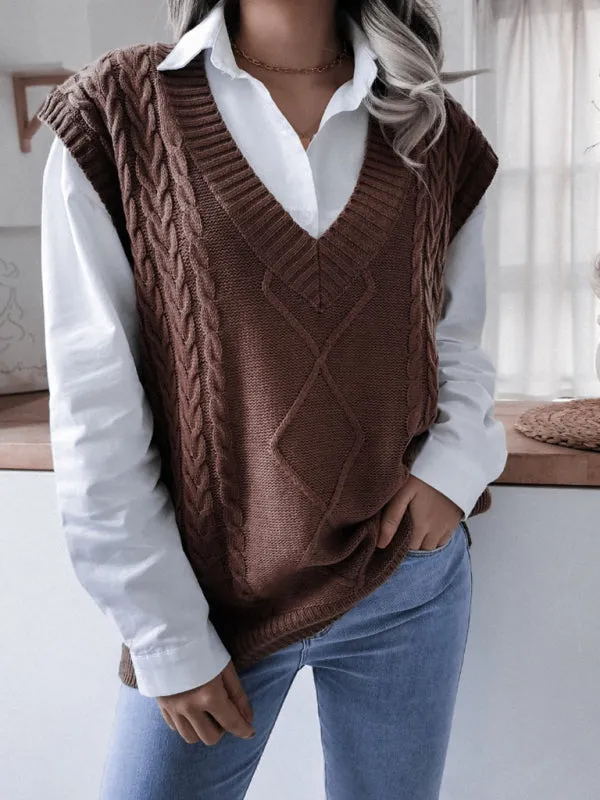 Toleet-Winter outfits Women's V-neck fried dough twist casual loose knit vest sweater