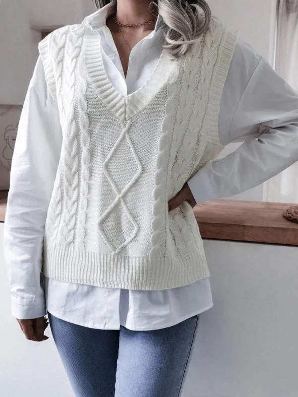 Toleet-Winter outfits Women's V-neck fried dough twist casual loose knit vest sweater