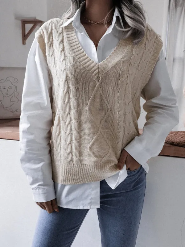 Toleet-Winter outfits Women's V-neck fried dough twist casual loose knit vest sweater