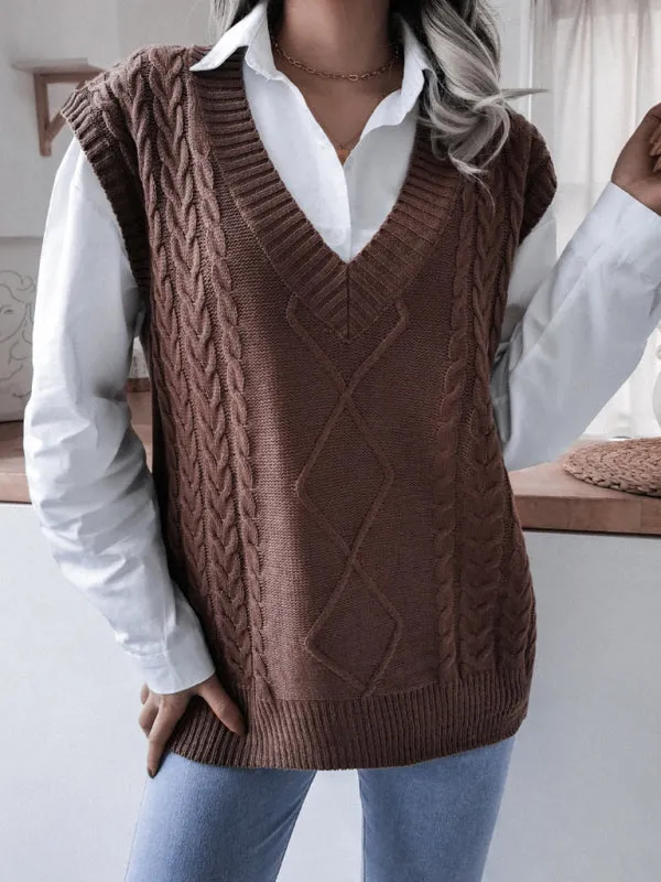 Toleet-Winter outfits Women's V-neck fried dough twist casual loose knit vest sweater