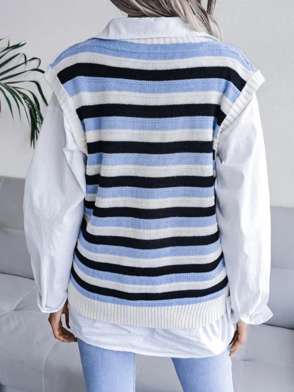 Toleet-Winter outfits Women's V-neck hollow stripe vest sweater